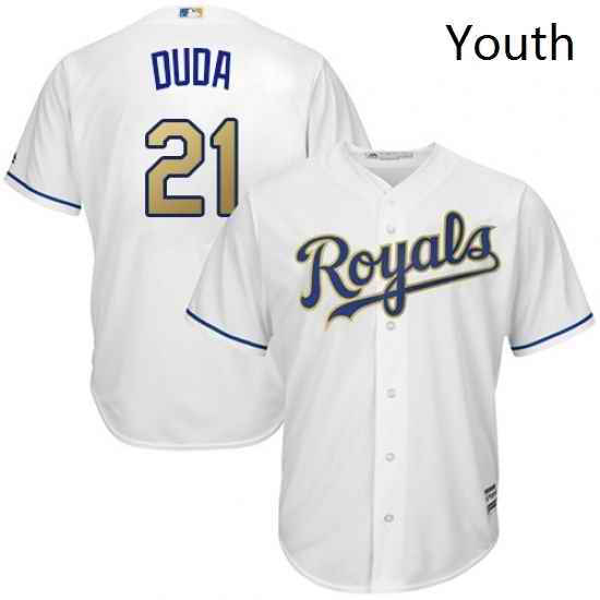 Youth Majestic Kansas City Royals 21 Lucas Duda Replica White Home Cool Base MLB Jersey